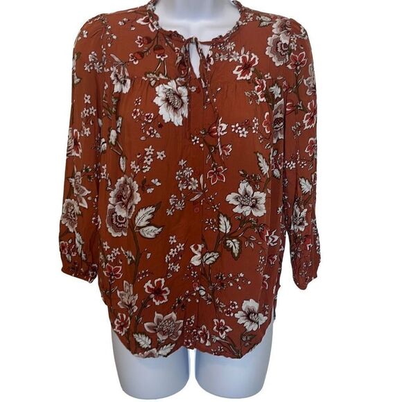 LOFT Outlet EUC Brown Floral Front Tie Button Down Blouse Sz XXSP - Picture 1 of 7